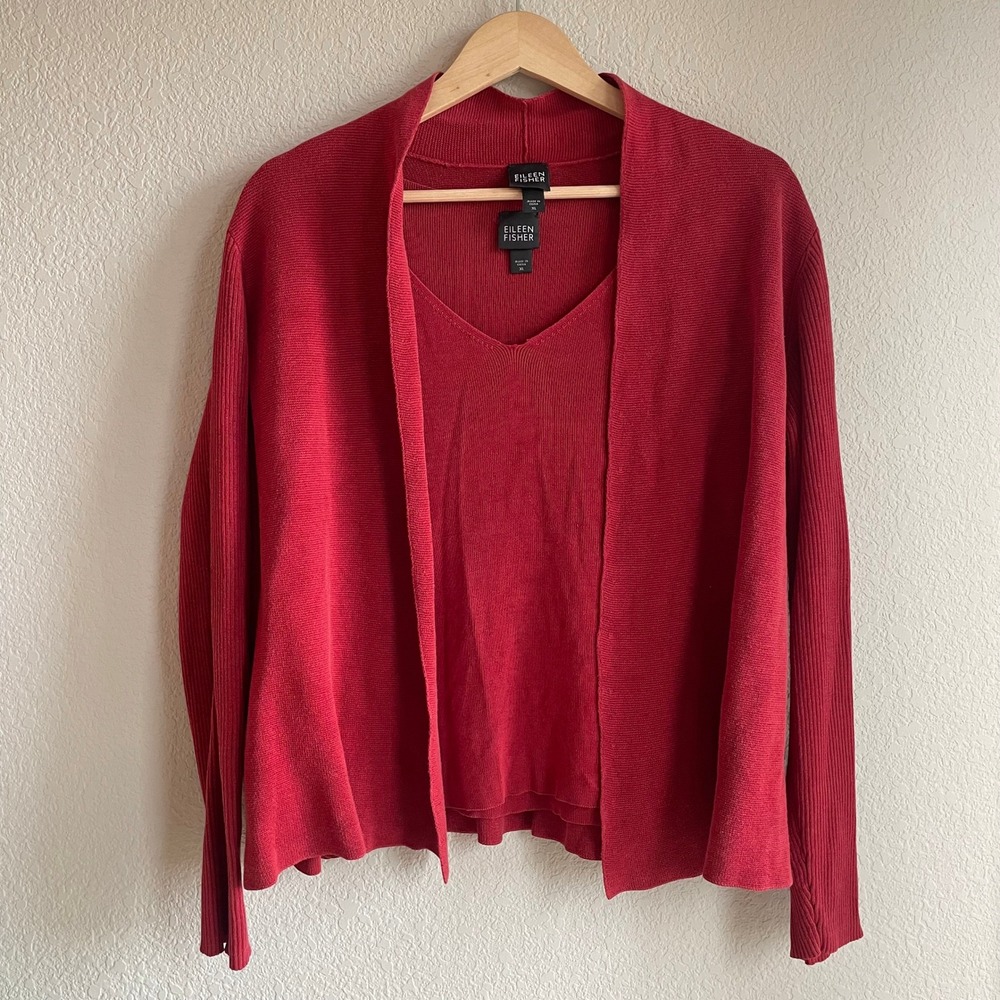 Eileen Fisher Cardigan Tank 2-Piece Set XL Silk Cotton Women Ribbed Red Twinset